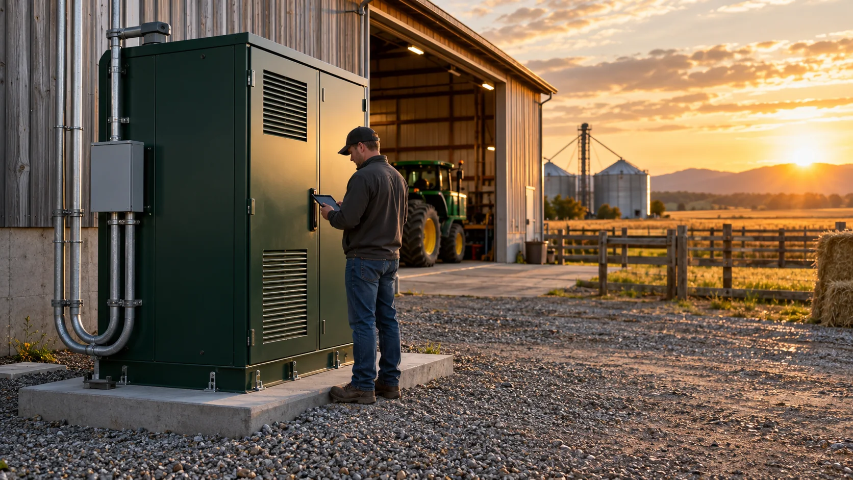 Prototype Farm F5 weather-rated compute cabinet installed beside an agricultural equipment barn