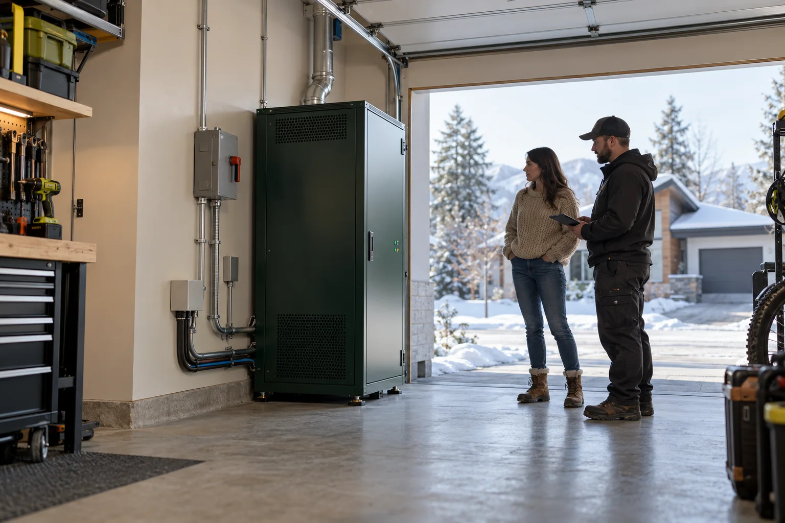 Prototype Home H2 compute cabinet installed in a residential garage while a technician reviews it with the host